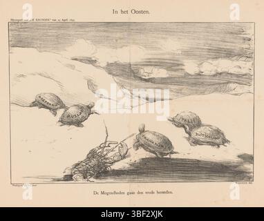 Amsterdam, Scheltema & Holkema Boekhandel, Amsterdam, Tresling & Comp., Paesi Bassi, Bauer, Marius, in het Oosten, Spotprent sulla moderazione dei grandi paesi europei nella guerra greco-turca. Le grandi potenze raffigurate come tartarughe e l'Inghilterra come un'aragosta. Pubblicato nell'allegato di "De Kroniek" del 25 aprile 1897., stampa, altezza 305 mm, larghezza 410 mm, olandese, 1867-01-25 - 1932-07-18, stampatore, 1897-04-25 - 1897-04-25, quarto trimestre del XIX secolo, carta, litografia (tecnica), tipografia, pubblicazione (evento), pubblicazione, editore Foto Stock