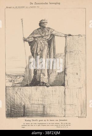 Amsterdam, Scheltema & Holkema Boekhandel, Amsterdam, Tresling & Comp., Nederland, Bauer, Marius, De Zioniste beweging, Paesi Bassi, Spotprent alla fondazione del movimento sionista nel 1897. Re Davide stava sulle mura di Gerusalemme. In fondo a una citazione del Salmo 74. Pubblicato nell'allegato di "De Kroniek" del 19 settembre 1897., stampa, cartone, stampe, altezza 408 mm, larghezza 300 mm, olandese, 1867-01-25 - 1932-07-18, stampatore, 1897-09-19 - 1897-09-19, quarto quarto del XIX secolo, carta, litografia (tecnica), tipografia, pubblicazione (evento), pubblicazione, editore Foto Stock
