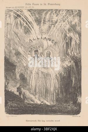 Amsterdam, Scheltema & Holkema Boekhandel, Amsterdam, Tresling & Comp., Nederland, Bauer, Marius, Félix Faure a San Pietroburgo, Paesi Bassi, Spotprent all'alleanza tra Francia e Russia. Tusen i fuochi d'artificio nei ritratti del presidente francese Félix Faure e dello zar russo Nicolaas II, pubblicato nell'allegato di "De Kroniek" del 4 luglio 1897., stampa, altezza 405 mm, larghezza 300 mm, olandese, 1867-01-25 - 1932-07-18, stampatore, 1897-07-04 - 1897-07-04, quarto trimestre Ottocento Ottocento, Ottocento, carta, litografia (tecnica), stampatore, pubblicazione (evento), pubblicazione, editore Foto Stock