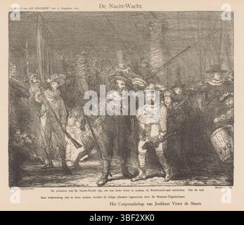 Amsterdam, Scheltema & Holkema Boekhandel, Amsterdam, Tresling & Comp., Nederland, Bauer, Marius, De Nacht-Wacht. Il caporale di Jonkheer Victor de Stuers, Paesi Bassi, Spotprent sulla discussione sull'illuminazione del dipinto la Guardia di notte nel Rembrandtzaal nel Rijksmuseum. I tiratori hanno lasciato il dipinto e i loro posti sono stati presi da Cuypers, De Stuers, Van der Kellen e altri. Pubblicato nell'allegato "De Kroniek" del 15 agosto 1897., stampa, cartone, stampe, altezza 300 mm, larghezza 406 mm, olandese, 1867-01-25 - 1932-07-18, stampatrice, 1897-08-15 - 1897-08-15, fil Foto Stock