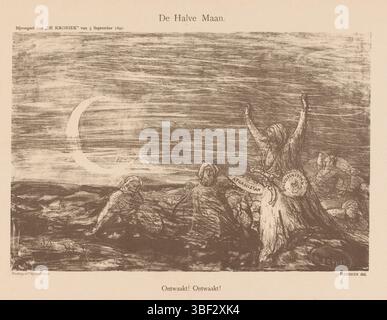 Amsterdam, Scheltema & Holkema Boekhandel, Amsterdam, Tresling & Comp., Nederland, Bauer, Marius, De Halve Maan, Paesi Bassi, Spotprent sul risveglio dei paesi islamici e la battaglia in Afghanistan e Beluchistan (Baluchistan). Pubblicato nell'allegato di "De Kroniek" del 5 settembre 1897., stampa, cartone, stampe, altezza 305 mm, larghezza 407 mm, olandese, 1867-01-25 - 1932-07-18, stampatore, 1897-09-05 - 1897-09-05, quarto quarto del XIX secolo, carta, litografia (tecnica), tipografia, pubblicazione (evento), pubblicazione, editore Foto Stock