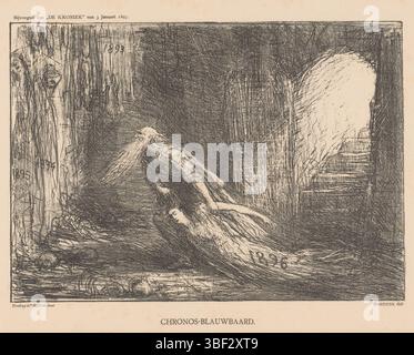 Amsterdam, Scheltema & Holkema Boekhandel, Amsterdam, Tresling & Comp., Nederland, Bauer, Marius, Chronos-Barbablù, Paesi Bassi, Spotprent on Vader Tijd o Chronos che, come figura fiabesca, trascina il cadavere della sua sposa, l'anno 1896, per appenderlo lì. Pubblicato nell'allegato "De Kroniek" del 3 gennaio 1897., stampa, cartone, stampe, altezza 305 mm, larghezza 405 mm, olandese, 1867-01-25 - 1932-07-18, stampatore, 1897-01-03 - 1897-01-03, quarto quarto del XIX secolo, carta, litografia (tecnica), tipografia, pubblicazione (evento), pubblicazione, editore Foto Stock