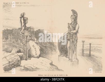 Amsterdam, Scheltema & Holkema Boekhandel, Amsterdam, Tresling & Comp., Paesi Bassi, Bauer, Marius, Atene: Cos'è e cosa pensa di essere, Spotprint sulla posizione debole della Grecia nel 1897 al momento della ribellione a Creta contro i turchi. Personificazione della Grecia, sinistra come è veramente: Magra e carica di debiti, proprio come si vede: Giovane e potente. Pubblicato nell'allegato di "De Kroniek" del 28 marzo 1897., stampa, altezza 305 mm, larghezza 405 mm, olandese, 1867-01-25 - 1932-07-18, stampatore, 1897-03-28 - 1897-03-28, quarto quarto trimestre del xix secolo, carta, litografia (tecn Foto Stock