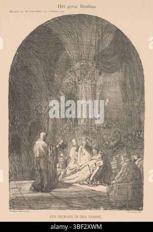 Amsterdam, Scheltema & Holkema's Boekhandel, Amsterdam, Tresling & Comp., Rijn, Rembrandt van, Nederland, Bauer, Marius, il caso Bredius, Paesi Bassi, Spotprent sul disaccordo tra Abramo Bredio e Victor de Stuers riguardo alla nomina di Waller nei Mauritshuis. Il corpo del defunto Bredius che piange attraverso la stampa, ha lasciato F.G. Waller con il cappello in mano, guarda a destra gli Stuers e il ministro di Houten. Pubblicato nell'allegato "De Kroniek" del 21 febbraio 1897., stampa, cartone, stampe, altezza 405 mm, larghezza 305 mm, olandese, 1867-01-25 - 1932-07-18, macchina per stampa, 1897-02- Foto Stock