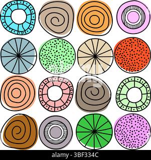 Una vivace collezione di 16 esclusivi disegni circolari disegnati a mano con diversi motivi e texture in una allegra tavolozza di colori. Questa giocosa è iniziata Illustrazione Vettoriale