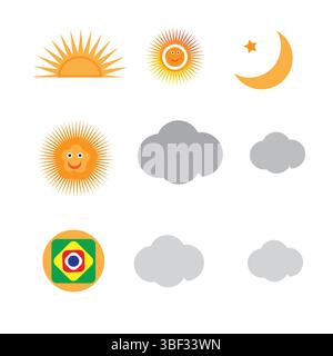 Icone del tempo carino con alba, tramonto, sole, luna e nuvole, o Una serie di icone meteo in stile cartoon. Illustrazione Vettoriale