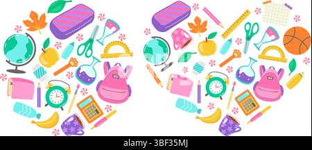 Colorata e divertente illustrazione a tema "ritorno a scuola" con cancelleria, spuntini e strumenti educativi, perfetta per i progetti in classe o. Illustrazione Vettoriale