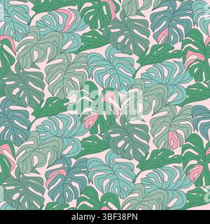 Carta da parati in foglia tropicale, design con motivo naturale Monstera, foglie verdi della giungla, disegnata a mano per il tessuto, stampa fogliame mimetico Illustrazione Vettoriale