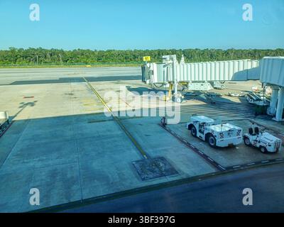 Cancun, Quintana Roo, Messico – 26 novembre 2024: Attrezzature di supporto a terra e container di carico sono pronti sull'asfalto dell'aeroporto internazionale di Cancun Foto Stock