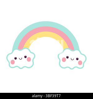 Bell'arcobaleno con nuvole. Kawaii nuvole con l'arcobaleno. Illustrazione Vettoriale
