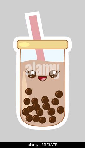 Adesivo con bicchierino da tè in stile kawaii con perle di boba e paglia, illustrazione vettoriale Illustrazione Vettoriale