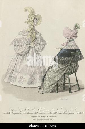 Lanté, Louis Marie, Gatine, le Journal des Dames et des Demoiselles, 10 juin 1835, n. 3278: Chapeau de paille d'Itali, al centro del margine, incise, due donne, una seduta e vista sul retro. Secondo il cappello, "paille d'Italie". abito in mousseline ricamato e decorato con pizzo. Cappello di pou de soie. Abito stampato con motivo a foglia. "Mantelet" di "pou de soie" decorato con pizzo. La stampa fa parte della rivista di moda Journal des Dames et des Modes, Parigi, 1797-1839., stampe di moda, stampe, stampe di costumi e moda, Costumes Parisiens, Chapeau de paille d'Italie - solo camera Foto Stock
