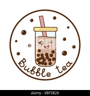 Kawaii Winking Bubble Tea con perle di boba tapioca in una cornice circolare con scritta e illustrazione vettoriale Illustrazione Vettoriale