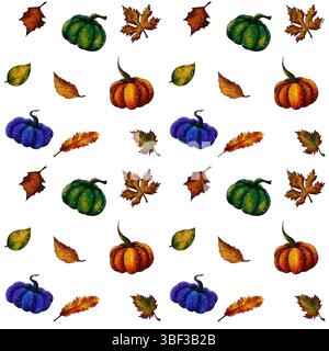 Bellissime foglie autunnali e zucche su sfondo bianco, motivo senza cuciture Foto Stock