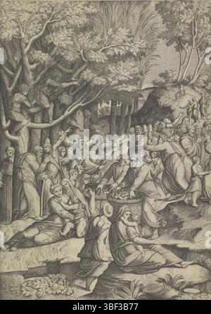 Roma, Lafreri, Antonio, Italia, Raffaello, cavalieri, Giovanni Battista de', il meraviglioso divorzio (a sinistra), Roma, verso-timbrato, Cristo moltiplica i pani e i pesci, tra i suoi discepoli e spettatori. Sullo sfondo un paesaggio con un fiume e case., stampa, altezza 518 mm, larghezza 374 mm, italiano, 1525 - 1601-07-23, stampatore, 1535 - 1601, carta, incisione, incisione (processo di stampa), concezione del lavoro, 1483-04-07 - 1520-04-07, dopo la progettazione, pubblicazione (evento), pubblicazione, 1512 - 1577, editore Foto Stock