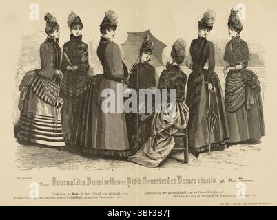 Journal des Demoiselles et Petit Courrier des Dames Réunis, CA. 1885, No. 1084 bis: Confections de Modes, in basso a destra - stampato, Seven Women in Mlles Vidal 'Concetions de Modes'. Cappelli di Boucherie. Di seguito sono riportate alcune regole che pubblicizzano testi per diversi prodotti. Stampa dalla rivista di moda Journal des Demoiselles (et Petit Courrier des Dames Réunis) (1833-1922), stampe di moda, costumi e stampe di moda, Journal des Demoiselles et Petit Courrier des Dames Réunis, metà sotto - stampato, Parigi., 48, Rue Vivienne, in basso a sinistra e a destra sotto - stampato, Confections de Mlles VIDAL, rue Richelieu, Foto Stock