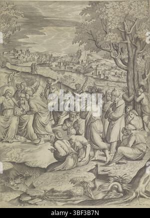 Roma, Lafreri, Antonio, Italia, Raffaello, cavalieri, Giovanni Battista de', il meraviglioso divorzio, Roma, verso-timbrato, Cristo moltiplica i pani e i pesci, tra i suoi discepoli e spettatori. Sullo sfondo un paesaggio con un fiume e case., stampa, altezza 521 mm, larghezza 380 mm, italiano, 1525 - 1601-07-23, stampatore, 1535 - 1601, carta, incisione, incisione (processo di stampa), ideazione del lavoro, 1483-04-07 - 1520-04-07, dopo la progettazione, pubblicazione (evento), pubblicazione, 1512 - 1577, editore Foto Stock