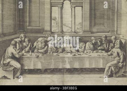 Italia, Raffaello, Italia, Raimondi, Marcantonio, dente, Marco, l'ultima cena, verso - timbrato, Cristo e i suoi dodici discepoli seduti intorno a un tavolo. Attraverso una finestra sulla vista dello sfondo su un orizzontale., stampa, altezza 296 mm, larghezza 440 mm, italiano, 1486 - 1527, stampatore, 1498 - 1532, carta, incisione, incisione (processo di stampa), ideazione del lavoro, 1482 - 1534, da stampare, concetto di lavoro, 1483-04-07 - 1520-04-07 Foto Stock