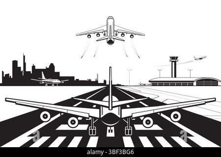 Aerei passeggeri in decollo dalla pista dell'aeroporto cittadino - illustrazione vettoriale Illustrazione Vettoriale