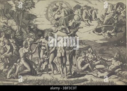 Italia, Raffaello, Italia, Raimondi, Marcantonio, dente, Marco, il giudizio di Parigi, verso - scritto a mano in inchiostro marrone, Un raduno di dei in un paesaggio. In primo piano, Parigi fa una scelta tra Venere, Giunone e Minerva. Dietro Parigi c'è mercurio. Apollo vola in aria sul suo carro solare., stampa, stampato verso, altezza 292 mm, larghezza 433 mm, italiano, 1486 - 1527, stampatore, 1498 - 1532, carta, incisione, incisione (processo di stampa), ideazione del lavoro, 1482 - 1534, da stampare, 1483-04-07 - 1520-04-07 Foto Stock