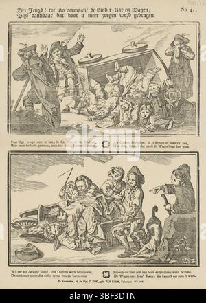 Amsterdam, Kok-van Kolm, vedova C., Amsterdam, Numan, Hermanus, Hendrik, vedi, giovinezza! Per il vostro divertimento, il carrello e il carrello per bambini, Blyf per fortuna è più cura per voi, stampato in verso, foglio con 2 spettacoli. In alto: Un trattore cade e i bambini che erano dentro cadono a terra. In fondo Un portiere bussa sopra una carriola, così i bambini che c'erano cadono a terra. Sotto ogni immagine un verso di quattro righe. Numerato in alto a destra: N. 41., stampa, stampe folk, stampe, altezza 400 mm, larghezza 317 mm, 1736-03-21 - 1788, macchina di stampa, 1842 - 1866, carta, palissandro, stampa letteraria Foto Stock