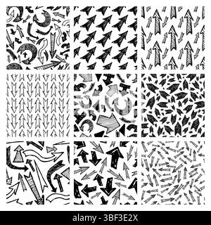 Motivo senza cuciture con frecce nere disegnate a mano. Set di nove sfondi astratti creativi. Illustrazione vettoriale Illustrazione Vettoriale