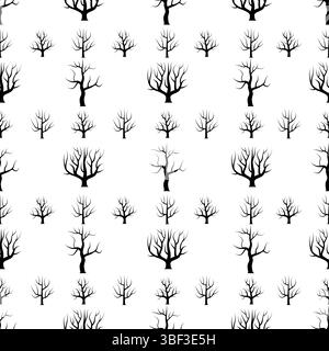 Alberi curvi bianchi e neri senza lasciare sfondi. Texture senza giunture per foresta vettoriale. Illustrazione Vettoriale