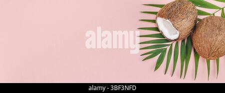 Piatti creativi laici vista superiore del verde tropicale di foglie di palma di cocco e frutta di olio di noce di cocco cosmetici per la pelle e cura dei capelli su carta rosa copia in background Foto Stock