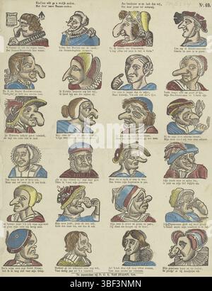 I Paesi Bassi, Amsterdam, Staden, P.C.L. van, Kind'Ren vuole rendervi felici, con lo strano nosen-snaken di deez., Zoo considerateli e ridete liberi, Om deez' stampa piena di pazzi, Paesi Bassi, Blade ha incontrato 24 comiche esibizioni di figure dal naso grande e malformato. Sotto ogni performance un verso a due righe. Numerato in alto a destra: N. 69., stampa, stampe folk, stampe, altezza 359 mm, larghezza 279 mm, pubblicazione (evento), pubblicazione, editore, 1850 - 1870, carta, xilografica, colori, stampa di carta intestata, stampa di libri, stampatore, stampatore Foto Stock