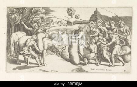 Roma, Nobili, Pietro de', Italia, Raffaello, Bonasone, Giulio, Monogrammista PVO (incisore), tazza di Giuseppe scoperta nel sacchetto di cereali di Beniamino, Roma, stampato verso, la tazza di Giuseppe viene scoperta nel sacchetto di grano di Beniamino. A sinistra ci sono tre muli, uno dei quali è pieno di grano. A destra i fratelli di Jozef., stampa, altezza 125 mm, larghezza 236 mm, stampatore, 1546 - 1546, carta, incisione, incisione (processo di stampa), concezione del lavoro, italiano, 1510 - 1576, da stampare, 1483-04-07 - 1520-04-07, dopo disegno, pubblicazione (evento), pubblicazione, editore Foto Stock