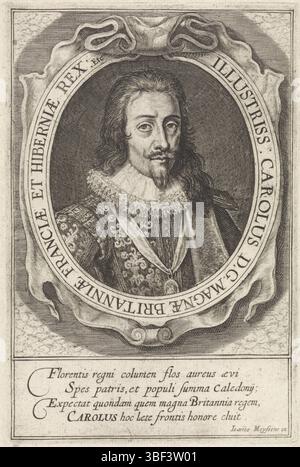 Meyssens, Joannes, sconosciuto, Passe, Simone del, Carlo i, Re d'Inghilterra, Ritratto di Carlo i, Re d'Inghilterra. Sul bordo del testo il nome e la funzione del ritratto in latino. A margine, un poema di lode di quattro righe in latino., stampa, altezza 167 mm, larghezza 111 mm, Noord-Nederlands, 1595 - 1647-05-06, stampatore, 1625 - 1647, carta, incisione, incisione (processo di stampa), pubblicazione (evento), pubblicazione, 1612-05-17 - 1670-09-18, editore Foto Stock