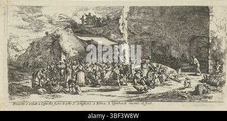 Ossenbeeck, Jan van, Roma, Ossenbeeck, Prospetto e veduto a Cafarelle fuoro di porte S. Sebastiano, a Roma, Festival ai ruderi della grotta della ninfa Egeria, verso - scrittura, prima e nei ruderi della grotta della ninfa Egeria si svolge una festa. Con un panno e un bastone è stato fatto un tetto. Le persone fanno musica, ballano, mangiano e bevono. Sotto la sola volta rimanente ci sono tavoli con sedie disposte., stampa, stampato verso -, altezza 150 mm, larghezza 335 mm, Noord-Nederlands, 1624 - 1674-03-30, stampatore, 1647 - 1655, carta, incisione, ideazione del lavoro, secondo il suo progetto Foto Stock