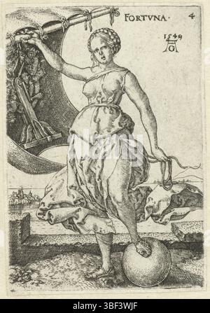 Anthonisz., Cornelis, Germania, Aldegrever, Heinrich, Deugden en viceden, fortuna, Fortuin, personification van fortune (fortuna). Una donna in piedi con un piede su una palla, nella mano destra una vela con la ruota di Fortune. Quarta stampa di una serie di quattordici caratteri di virtù e virtù., stampa, altezza 70 mm, larghezza 48 mm, tedesco, 1502 - 1561, stampatore, 1549 - 1549, secondo trimestre XVI secolo, carta, incisione, incisione (processo di stampa), concetto di lavoro, 1499 - 1553 Foto Stock