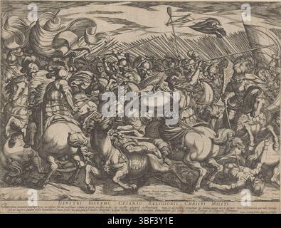 Città del Vaticano, Clemente VIII, Roma, Orlandi, Giovanni, Italia, tempesta, Antonio, Battaglia tra Greci e Amazzoni, stampato verso, i soldati greci combattono contro le Amazzoni femminili a cavallo e lance. Missione in latino a margine inferiore., stampa, altezza 301 mm, larghezza 401 mm, italiano, 1555 - 1630-08-05, stampatore, 1600 - 1600, carta, incisione, Work Conception, according to own design of, Publication (Event), Publication, Publisher, 1536 - 1605, fornitore di privilegi Foto Stock