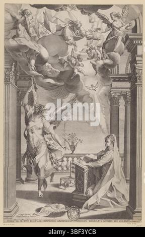 Città del Vaticano, Paolo V, Roma, Thomassin, Filippo, Italia, Andreasi, Ippolito, Villamena, Francesco, Annunciazione, recto in basso a destra - scritta a mano in inchiostro marrone, in uno spazio architettonico, l'angelo Gabriele annuncia a Maria che rimarrà incinta. Mary siede dietro un insegnante mentre l'angelo Gabriel le appare con un giglio in mano. Nel cielo lo Spirito Santo come colomba e Dio padre circondato da angeli e cherubini. Ordine e stemma nel margine inferiore, stampato verso - stampigliato, 10B, altezza 522 mm, larghezza 333 mm, italiano, 1566 - 1624-07-07, stampatrice, 1614 - 1614, carta, incisione Foto Stock