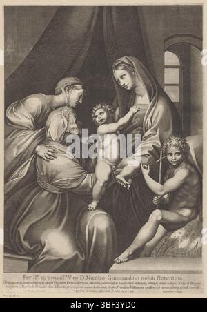 Città del Vaticano, Paolo V, Italia, Raffaello, Roma, Villamena, Francesco, Maria con il bambino ed Elisabetta, Caterina e Giovanni Battista, verso - timbrato, Maria consegna il bambino di Cristo ad Elisabetta. A destra Giovanni Battista e a sinistra Santa Caterina d'Alessandria. Missione e testo latino a tre righe nel margine inferiore., stampa, altezza 426 mm, larghezza 296 mm, italiano, 1566 - 1624-07-07, stampatore, 1611 - 1611, carta, incisione, incisione (processo di stampa), incisione, tono piastra, 1483-04-07 - 1520-04-07, dopo, dipinto di, 1552 - 1621, fornitore di privilegi Foto Stock