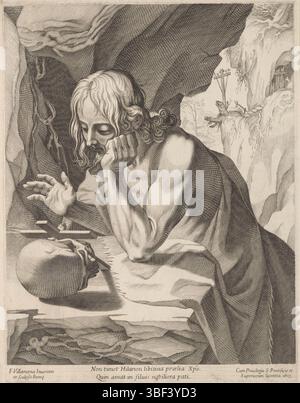 Città del Vaticano, Paolo V, Roma, Villamena, Francesco, Sant'Hilarion, verso - timbrato, Sant'Hilarion di Gaza con croce e cranio. Due righe di testo latino nel margine inferiore., stampa, altezza 312 mm, larghezza 240 mm, italiano, 1566 - 1624-07-07, stampatore, 1613 - 1613, carta, incisione, incisione (processo di stampa), ideazione del lavoro, secondo il design proprietario di, 1552 - 1621, fornitore di privilegi Foto Stock