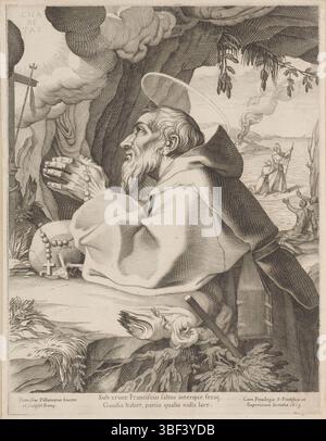 Città del Vaticano, Paolo V, Roma, Villamena, Francesco, San Francesco d'Assisi, timbrato verso, San Francesco d'Assisi in preghiera. Di fronte a lui si trova una croce, un teschio e un rosario. Due righe di testo latino nel margine inferiore., stampa, altezza 320 mm, larghezza 243 mm, italiano, 1566 - 1624-07-07, stampatore, 1613 - 1613, carta, incisione, incisione (processo di stampa), ideazione del lavoro, secondo il design proprietario di, 1552 - 1621, fornitore di privilegi Foto Stock