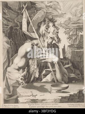 Città del Vaticano, Paolo V, Italia, Fenzoni, Ferraù, Roma, Villamena, Francesco, Giovanni Battista nella natura selvaggia, stampato verso, Giovanni Battista vestito in pelle di animale con la croce di vimini in mano. Due righe di testo latino nel margine inferiore., stampa, altezza 311 mm, larghezza 240 mm, italiano, 1566 - 1624-07-07, stampatore, 1613 - 1613, carta, incisione, incisione (processo di stampa), platetone, concezione del lavoro, 1562 - 1645-04-11, secondo il progetto, 1552 - 1621, fornitore di privilegi Foto Stock