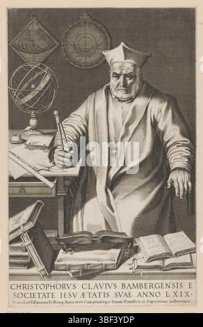 Città del Vaticano, Paolo V, Roma, Villamena, Francesco, ritratto dell'astronomo Christoph Clavius, timbrato verso, l'astronomo gesuita Christoph Clavius seduto accanto a un tavolo con una bussola in mano. Sul tavolo c'è un astrolabio e sulla parete ci sono due carte astronomiche. In primo piano sono chiusi e aperti libri., stampa, altezza 343 mm, larghezza 217 mm, italiano, 1566 - 1624-07-07, stampatore, 1606 - 1606, carta, incisione, incisione (processo di stampa), 1552 - 1621, fornitore di privilegi Foto Stock