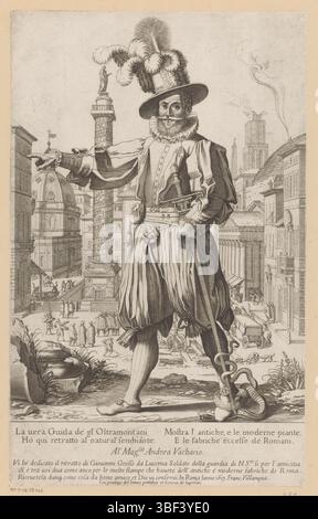 Città del Vaticano, Paolo V, Roma, Villamena, Francesco, ritratto di Giovanni grosso, membro della guardia e guida svizzera, timbrato verso, Ritratto ai piedi di Giovanni grosso, in piedi sul Quirinale a Roma. Con il piede sinistro calpesta un serpente. Testo italiano in due colonne e ordine in margine inferiore., stampa, altezza 371 mm, larghezza 231 mm, italiano, 1566 - 1624-07-07, stampatore, 1613 - 1613, carta, incisione, incisione (processo di stampa), 1552 - 1621, fornitore di privilegi Foto Stock