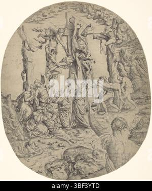 Italia, Raffaello, Italia, Cross Take-Off, verso - timbrato, il corpo di Cristo è rimosso dalla croce. Sinistra e destra le croci a cui i due criminali sono stati crocifissi. Ai piedi dell'incrocio tra le Marias e altre figure piangono, stampa, altezza 461 mm, larghezza 386 mm, stampatore, 1543 - 1543, carta, incisione, incisione (processo di stampa), tono foglio, Work Conception, 1483-04-07 - 1520-04-07 Foto Stock