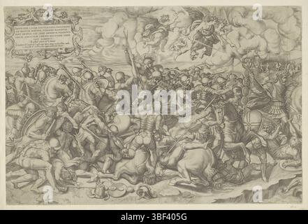 Italia, Raffaello, città del Vaticano, Romano, Giulio, Italia, Cavalieri, Giovanni Battista de', Battaglia al ponte Milvio, stampato verso, scena di battaglia in un paesaggio: battaglia al ponte Milvio. Soldati di Costantino in battaglia con i soldati di Massenzio. I cadaveri sono a terra. Soldati di cavalli che annegano nel fiume., stampa, altezza 409 mm, larghezza 610 mm, italiano, 1525 - 1601-07-23, stampatore, 1535 - 1601, carta, incisione, incisione (processo di stampa), 1499 - 1546-01-11, dopo la verniciatura, 1483-04-07 - 1520-04-07, concetto di lavoro, 1483-04-07 - 1520-04-07 Foto Stock