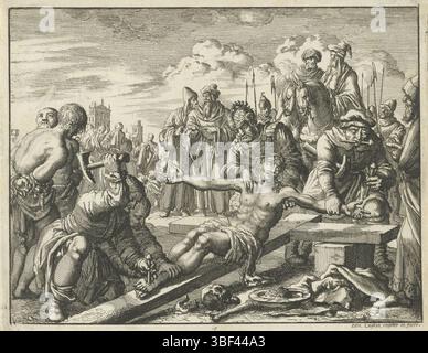 Amsterdam, Oossaan, Aart Dircksz., Amsterdam, Wybrants, Sander, Swart, vedova Steven, Blom, Joannes, Bergh, Herman van den, Deyster, Jacobus van der, Luyken, Jan, recto - scrittura a matita, stampa, crocifisso di Cristo, verso - timbro, 1, altezza 119 mm, larghezza 150 mm, Noord-Nederlands, 1649-04-16 - 1712-04-05, stampatore, 1685 - 1685, carta, incisione, ideazione del lavoro, 1649-04-04-05, secondo il proprio progetto, pubblicazione, editore, pubblicazione, pubblicazione (evento), editoria, E.. Foto Stock