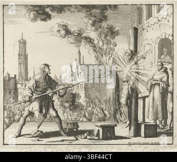 Amsterdam, Oossaan, Aart Dircksz., Amsterdam, Wybrants, Sander, Swart, vedova Steven, Blom, Joannes, Bergh, Herman van den, Deyster, Jacobus van der, Luyken, Jan, recto - scrittura a mano in inchiostro marrone, stampa, Hendrik Eemkens, Utrecht per polvere da sparo uccisa, 1561, verso - timbrato, 77, Hendrik Eemkes Ao 1562, altezza 116 mm, larghezza 140 mm, Noord-Nederlands, 1649-04-16 - 1712-04, stampatore, 1685 - 1685, carta, incisione, ideazione, 1729-04-16, pubblicazione, ecc. Foto Stock