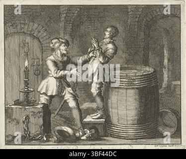 Amsterdam, Oossaan, Aart Dircksz., Amsterdam, Wybrants, Sander, Swart, vedova Steven, Blom, Joannes, Bergh, Herman van den, Deyster, Jacobus van der, Luyken, Jan, recto - scrittura a mano in inchiostro marrone, stampa, Joris Wippe, Dordrecht annegato in barile, 1558, vero - timbrato, 70, Joris Wipe, Ao 1558, altezza 115 mm, larghezza 142 mm, Noord-Nederlands, 1649-04-16 - 1712-04, stampatore, 1685 - 1685, carta, incisione, ideazione, 1719-04-16, pubblicazione, ecc. Foto Stock