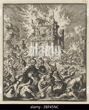 Amsterdam, Visscher, Barent, Amsterdam, Rieuwertsz., Jan (II), Luyken, Jan, Romani uccidono gli ebrei, mentre il Tempio brucia, verso - timbrato, stampato, illustrazione di libri, stampe, altezza 93 mm, larghezza 79 mm, Noord-Nederlands, 1649-04-16 - 1712-04-05, stampatore, 1706 - 1706, carta, incisione, incisione, pubblicazione, editore, pubblicazione (evento), editore Foto Stock