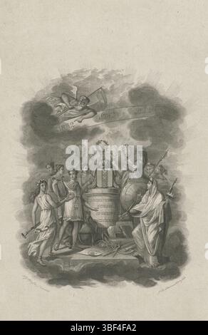 Paesi Bassi, Pfeiffer, Francesco Giuseppe (II), Paesi Bassi, Tetar van Elven, Jan Baptist, Remembrances-allegorie presso l'Università di Amsterdam, 1632-1832, verso - timbred, allegorie alla celebrazione del II secolo (1632-1832) dell'Athenaeum illustre di Amsterdam, celebrato il 10-12 gennaio 1832. Intorno ad un monumento in onore dell'Università di Amsterdam, ci sono varie personificazioni e i patroni delle istituzioni educative Minerva. Sul piedistallo lo stemma coronato di Amsterdam, per il quale sono stati attribuiti diversi attributi scientifici. Dietro il monumento, le corone di alloro sono trattenute. Dal Foto Stock