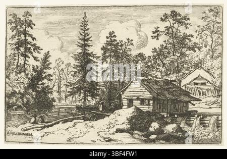 Paesi Bassi, Everdingen, Allaert van, donna che guarda una barca, paesaggio con tre persone che guardano una barca a remi, Paesi Bassi, paesaggio con due case in legno e una cascata. Su un lago una barca a remi con due persone. Lungo il lungomare ci sono due uomini e un po' più avanti c'è una donna., stampa, altezza 93 mm, larghezza 144 mm, Noord-Nederlands, 1621-06-18 - 1675-11-08, stampatore, 1631 - 1675, carta, incisione, incisione Foto Stock