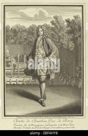 Luigi XIV (re di Francia), Parigi, Picart, Etienne, Bernardo, membri della famiglia reale francese, Ritratto di Carlo di Francia, Duca di Berry, in basso a destra - inciso, Ritratto di Carlo di Borbone, Principe di Francia. Sullo sfondo un giardino di palazzo con fontane. Al margine una didascalia di tre righe in francese., stampa, stampa costume, stampe, stampa in verso, Charles de Bourbon Duc de Berry, Troisieme fils de Monsigneur le Dauphin et de Marie Anne, Christine Victoire de Baviere, Naquit a versatilles le 31. Aoust 1685, al centro del margine - inciso, Designé par B. Picart, al centro Foto Stock